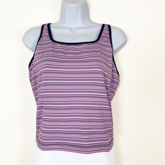 NIKE Dri-Fit Striped High Neck Square Neck Cropped Athletic Tank Top Sports Bra - Picture 2 of 5